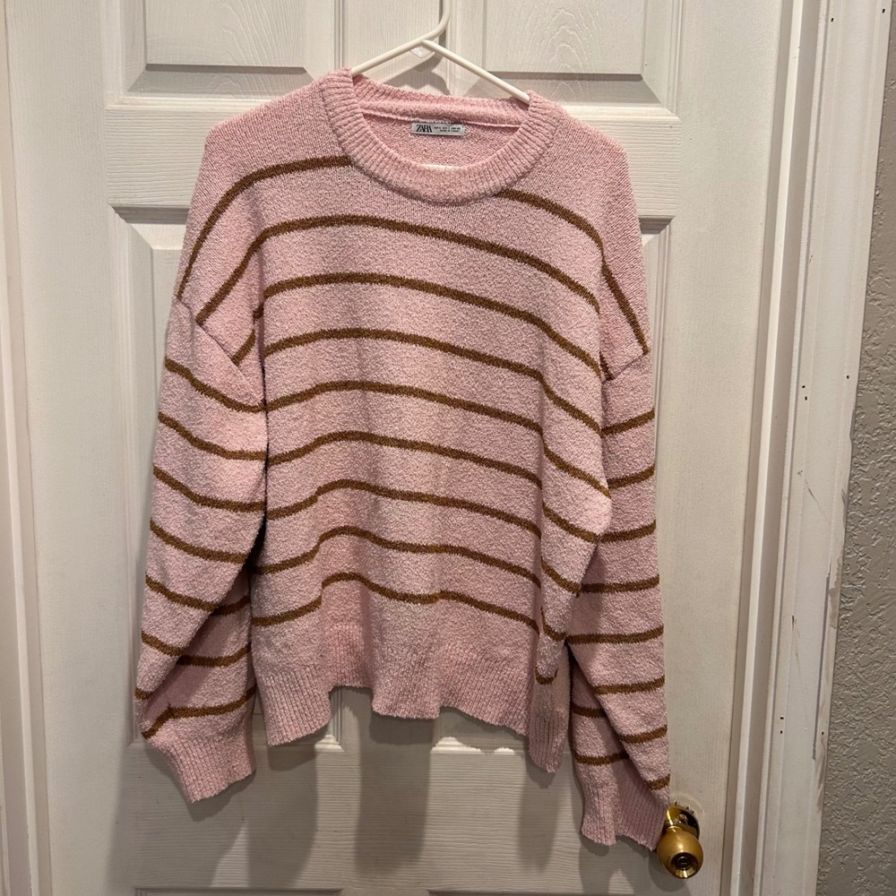ZARA Women's Pink Brown Stripe Cozy Chenille Knit Sweater Pullover Size Large‎
